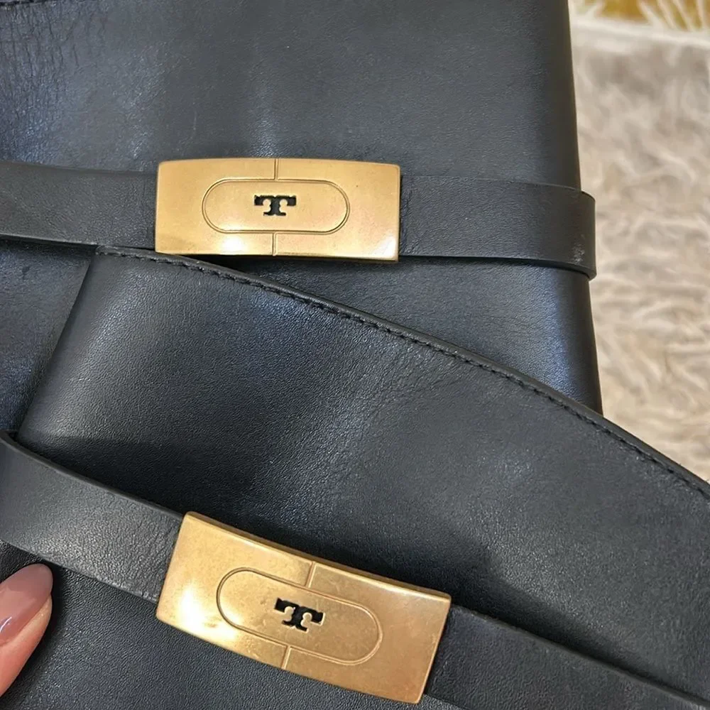 NWOB Tory Burch Calf Leather T-Hardware Tall Riding Boots in Perfect Black sz 6